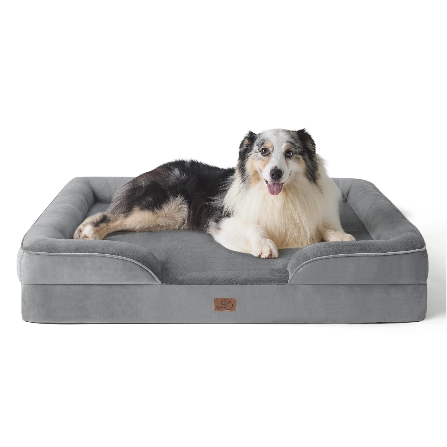 Bedsure Large Dog Bed Sofa - Washable Orthopedic Dog Beds and Couch with Removable Flannel Cover, Waterproof Dog Pillow with U-Shape Bolster, Grey Squre Pet Bed, 89x63x16cm