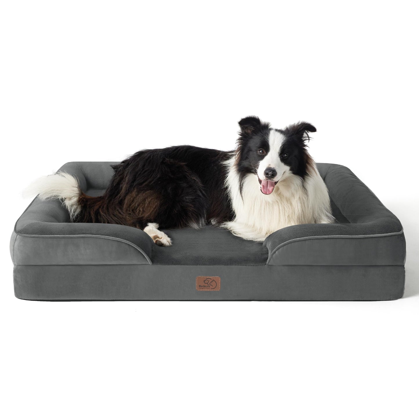 Bedsure Large Dog Bed Sofa - Washable Orthopedic Dog Beds and Couch with Removable Flannel Cover, Waterproof Dog Pillow with U-Shape Bolster, Grey Squre Pet Bed, 89x63x16cm