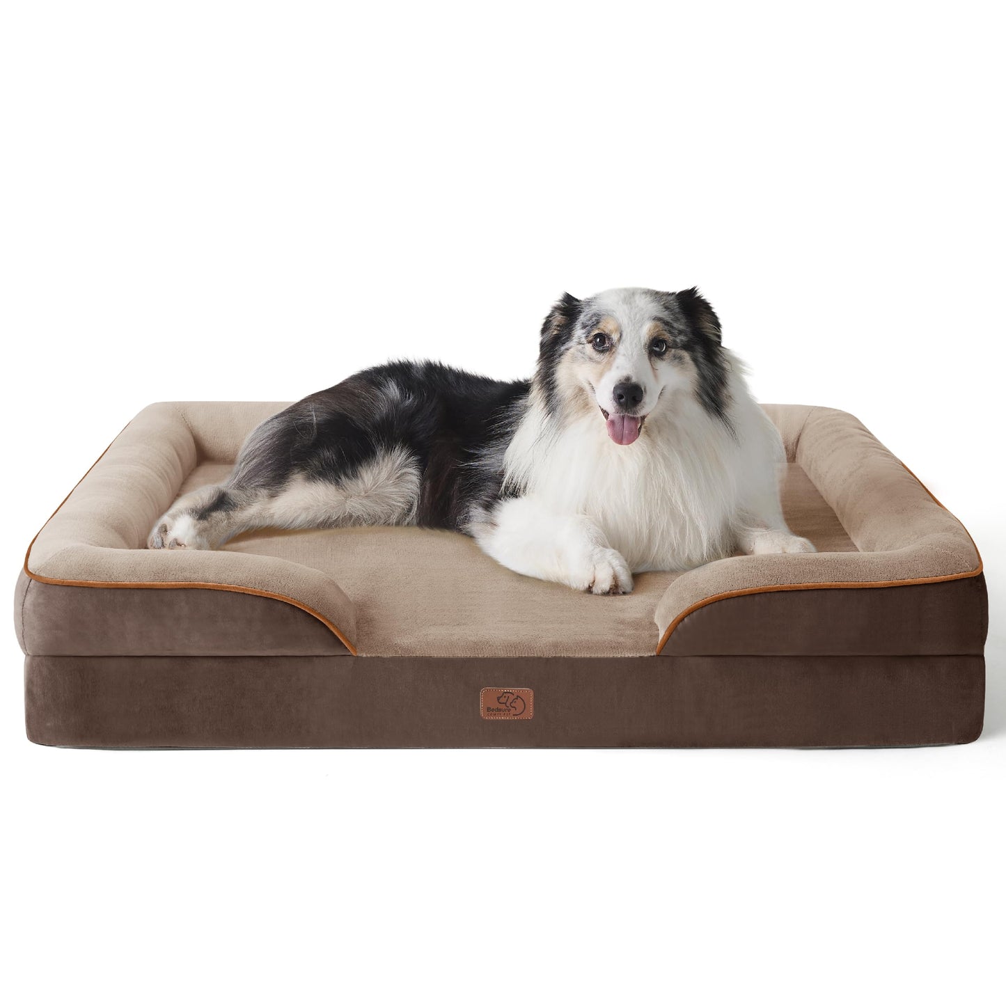 Bedsure Large Dog Bed Sofa - Washable Orthopedic Dog Beds and Couch with Removable Flannel Cover, Waterproof Dog Pillow with U-Shape Bolster, Grey Squre Pet Bed, 89x63x16cm
