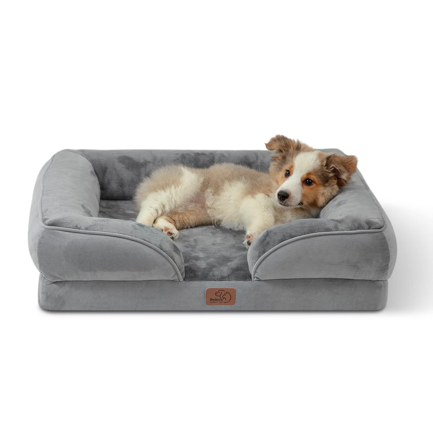 Bedsure Large Dog Bed Sofa - Washable Orthopedic Dog Beds and Couch with Removable Flannel Cover, Waterproof Dog Pillow with U-Shape Bolster, Grey Squre Pet Bed, 89x63x16cm