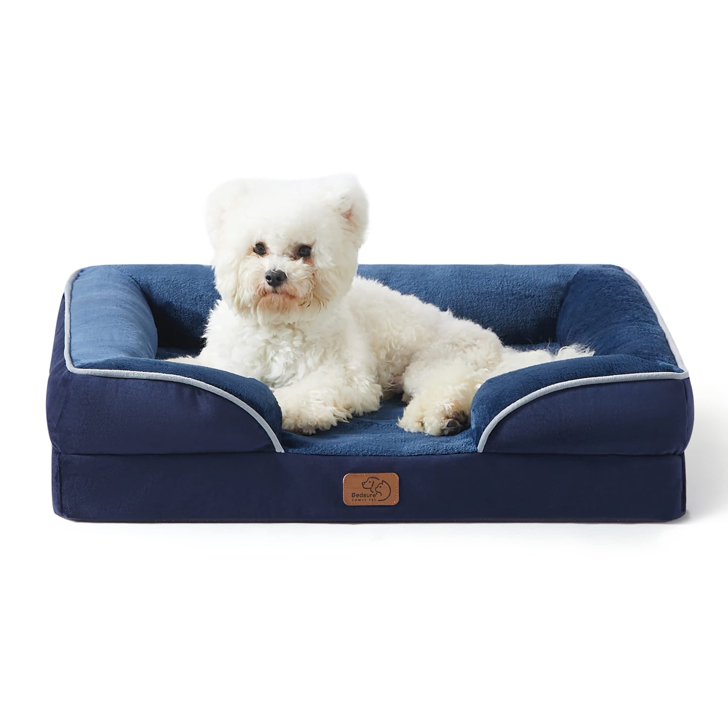 Bedsure Large Dog Bed Sofa - Washable Orthopedic Dog Beds and Couch with Removable Flannel Cover, Waterproof Dog Pillow with U-Shape Bolster, Grey Squre Pet Bed, 89x63x16cm