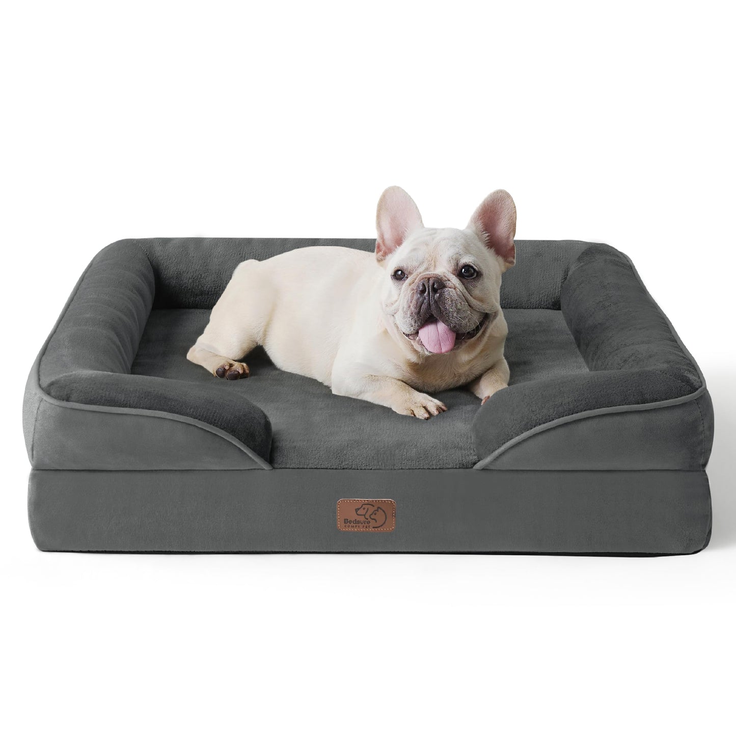 Bedsure Large Dog Bed Sofa - Washable Orthopedic Dog Beds and Couch with Removable Flannel Cover, Waterproof Dog Pillow with U-Shape Bolster, Grey Squre Pet Bed, 89x63x16cm