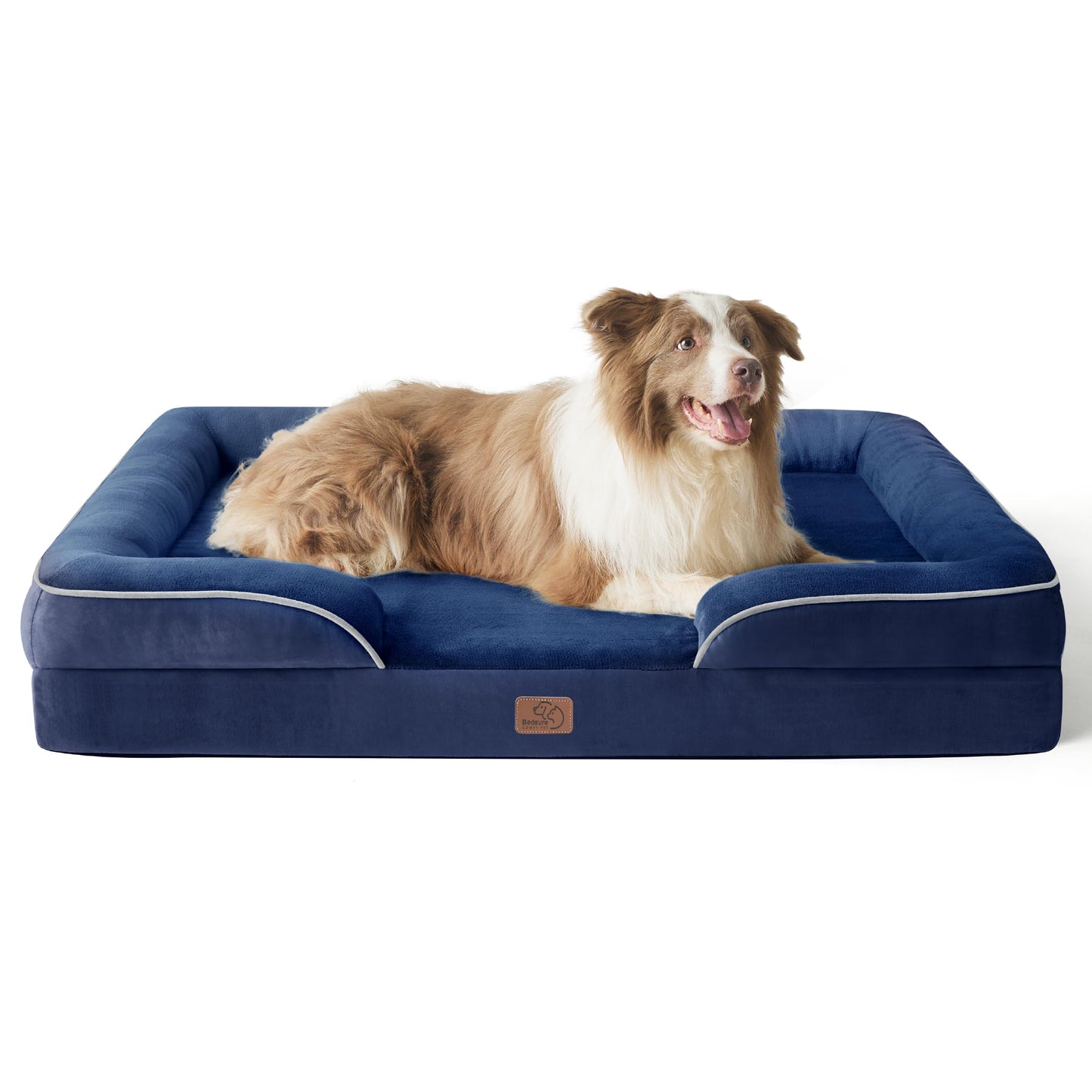 Bedsure Large Dog Bed Sofa - Washable Orthopedic Dog Beds and Couch with Removable Flannel Cover, Waterproof Dog Pillow with U-Shape Bolster, Grey Squre Pet Bed, 89x63x16cm