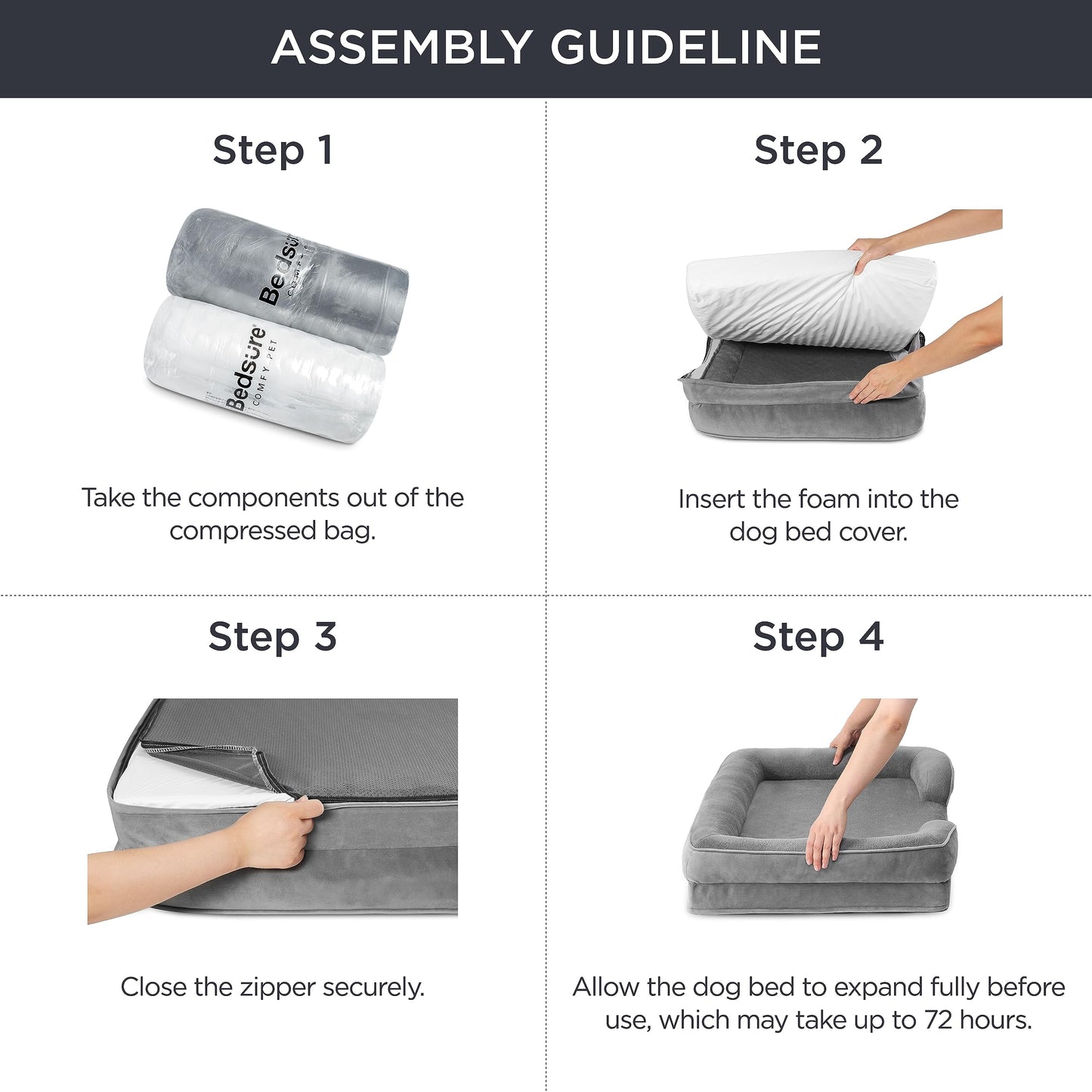 Bedsure Large Dog Bed Sofa - Washable Orthopedic Dog Beds and Couch with Removable Flannel Cover, Waterproof Dog Pillow with U-Shape Bolster, Grey Squre Pet Bed, 89x63x16cm
