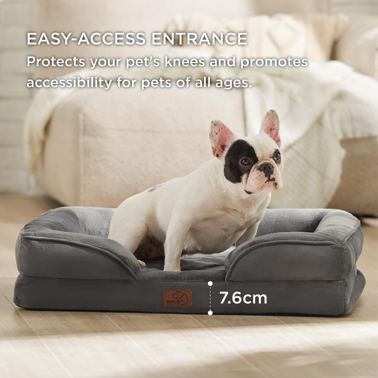 Bedsure Large Dog Bed Sofa - Washable Orthopedic Dog Beds and Couch with Removable Flannel Cover, Waterproof Dog Pillow with U-Shape Bolster, Grey Squre Pet Bed, 89x63x16cm