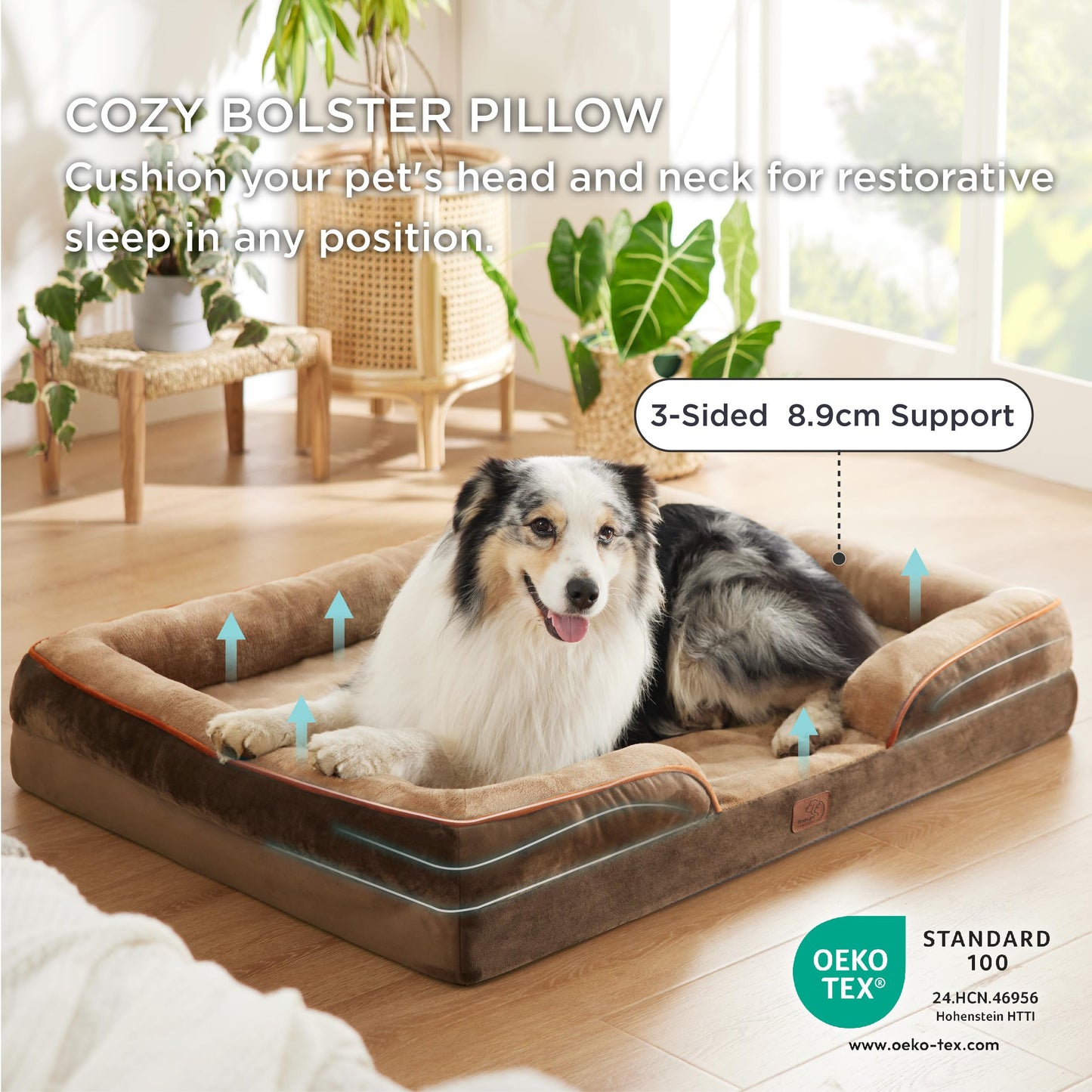 Bedsure Large Dog Bed Sofa - Washable Orthopedic Dog Beds and Couch with Removable Flannel Cover, Waterproof Dog Pillow with U-Shape Bolster, Grey Squre Pet Bed, 89x63x16cm