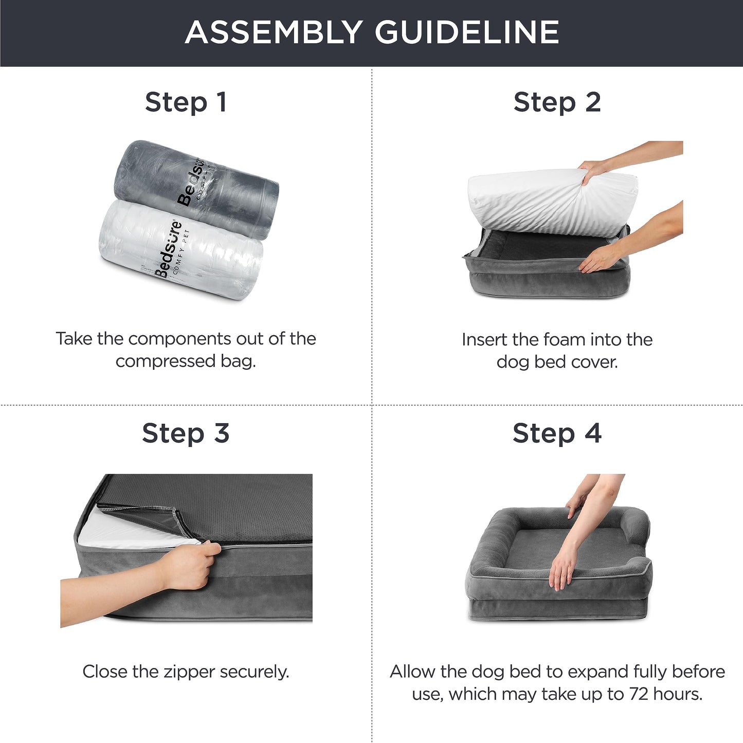 Bedsure Large Dog Bed Sofa - Washable Orthopedic Dog Beds and Couch with Removable Flannel Cover, Waterproof Dog Pillow with U-Shape Bolster, Grey Squre Pet Bed, 89x63x16cm