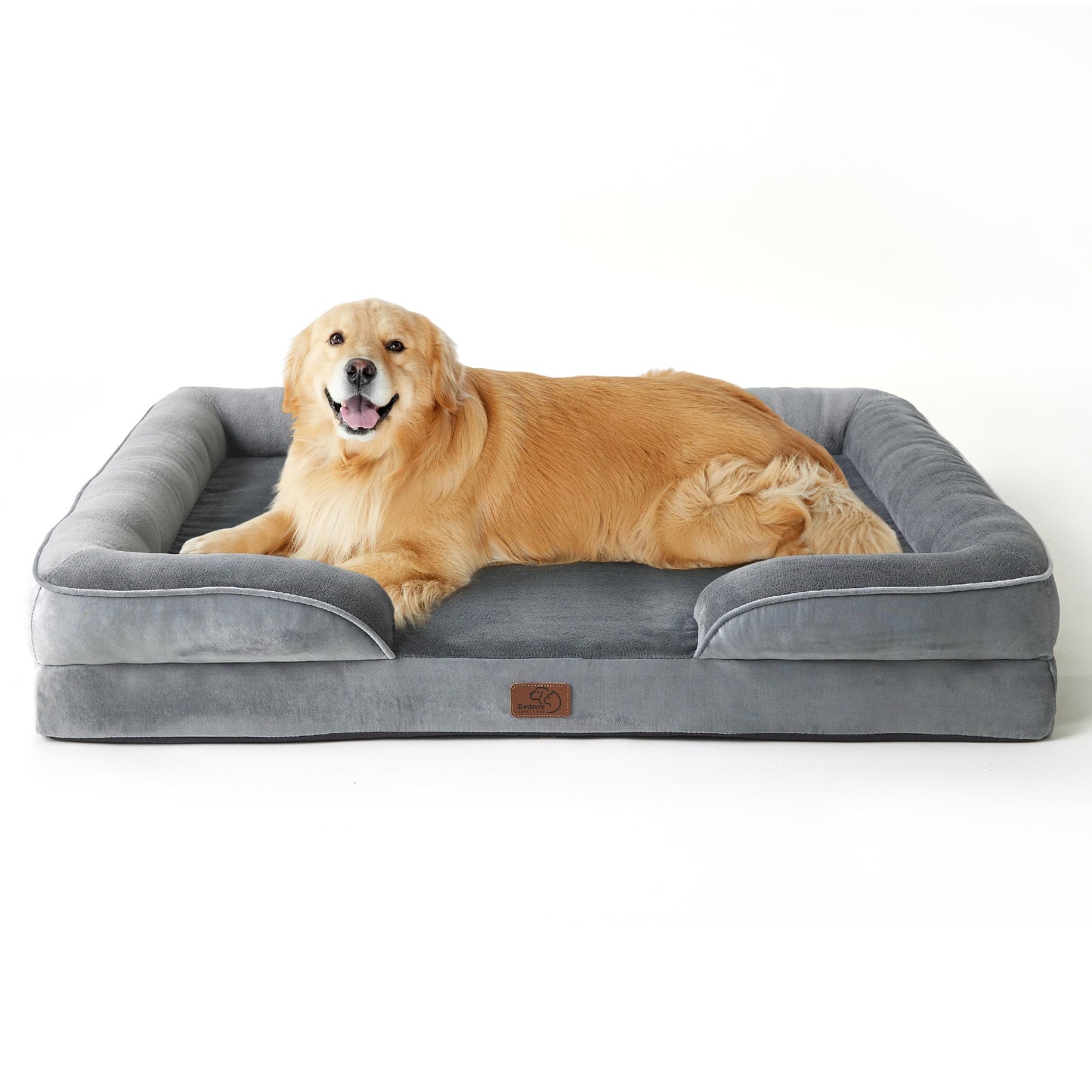 Bedsure Large Dog Bed Sofa - Washable Orthopedic Dog Beds and Couch with Removable Flannel Cover, Waterproof Dog Pillow with U-Shape Bolster, Grey Squre Pet Bed, 89x63x16cm