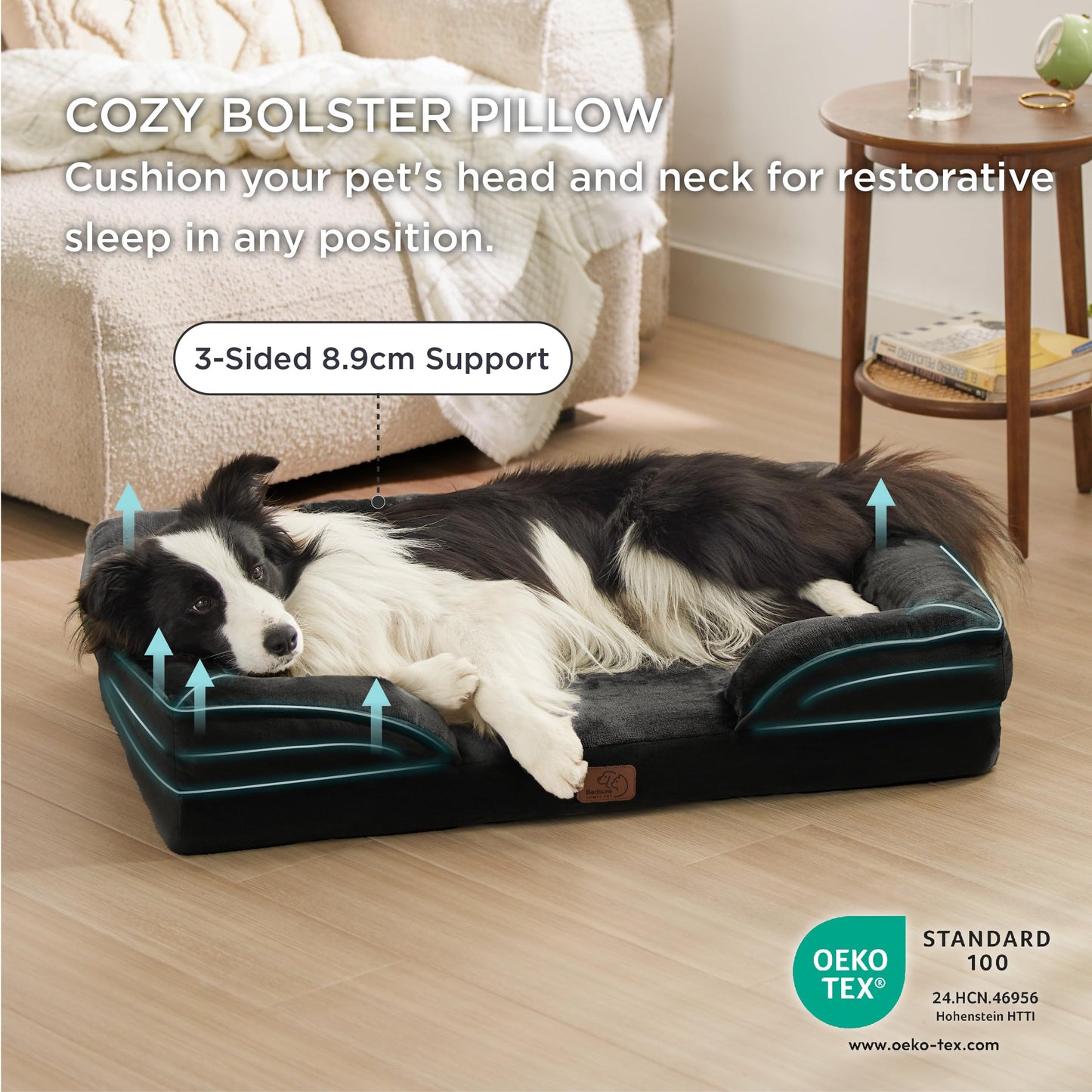 Bedsure Large Dog Bed Sofa - Washable Orthopedic Dog Beds and Couch with Removable Flannel Cover, Waterproof Dog Pillow with U-Shape Bolster, Grey Squre Pet Bed, 89x63x16cm