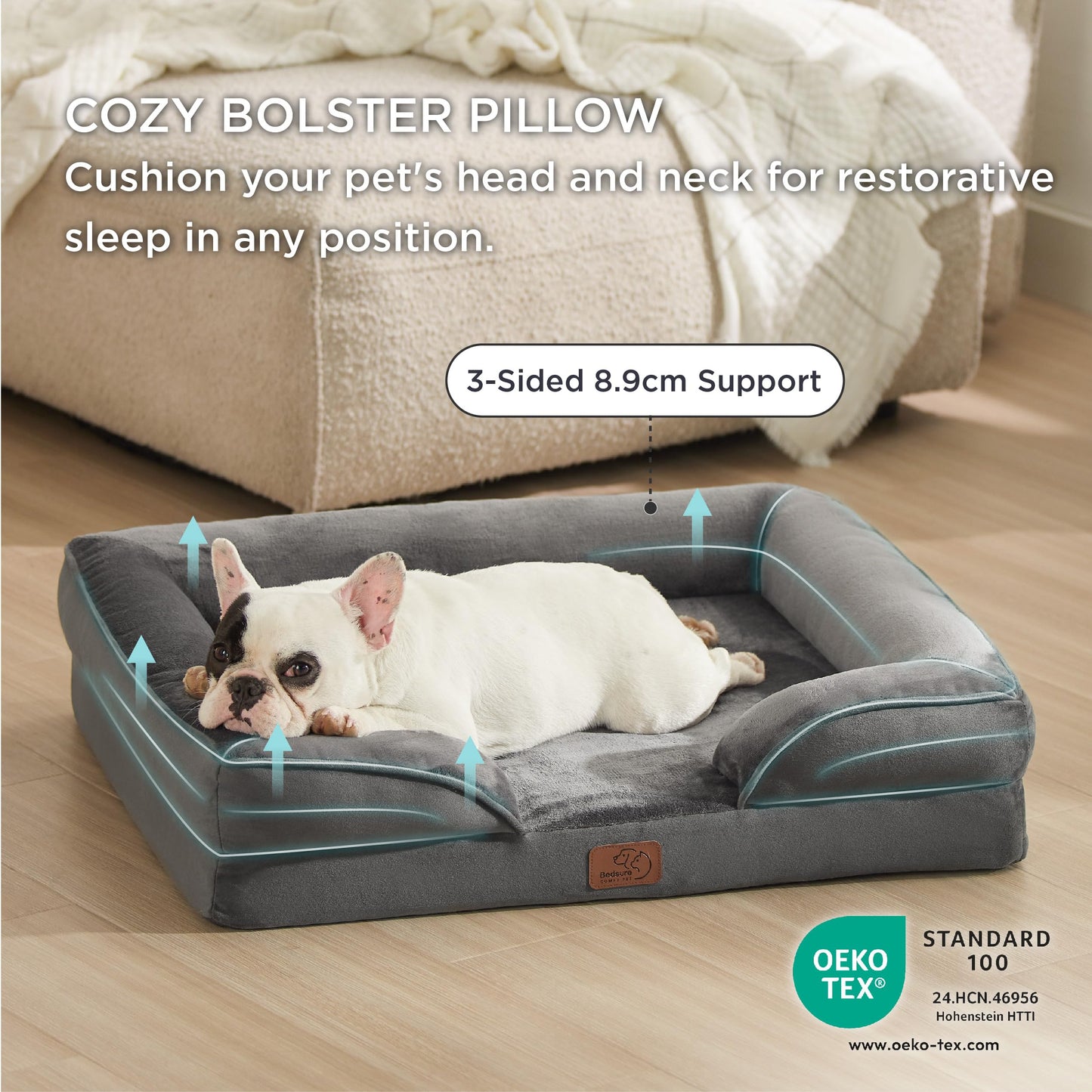 Bedsure Large Dog Bed Sofa - Washable Orthopedic Dog Beds and Couch with Removable Flannel Cover, Waterproof Dog Pillow with U-Shape Bolster, Grey Squre Pet Bed, 89x63x16cm