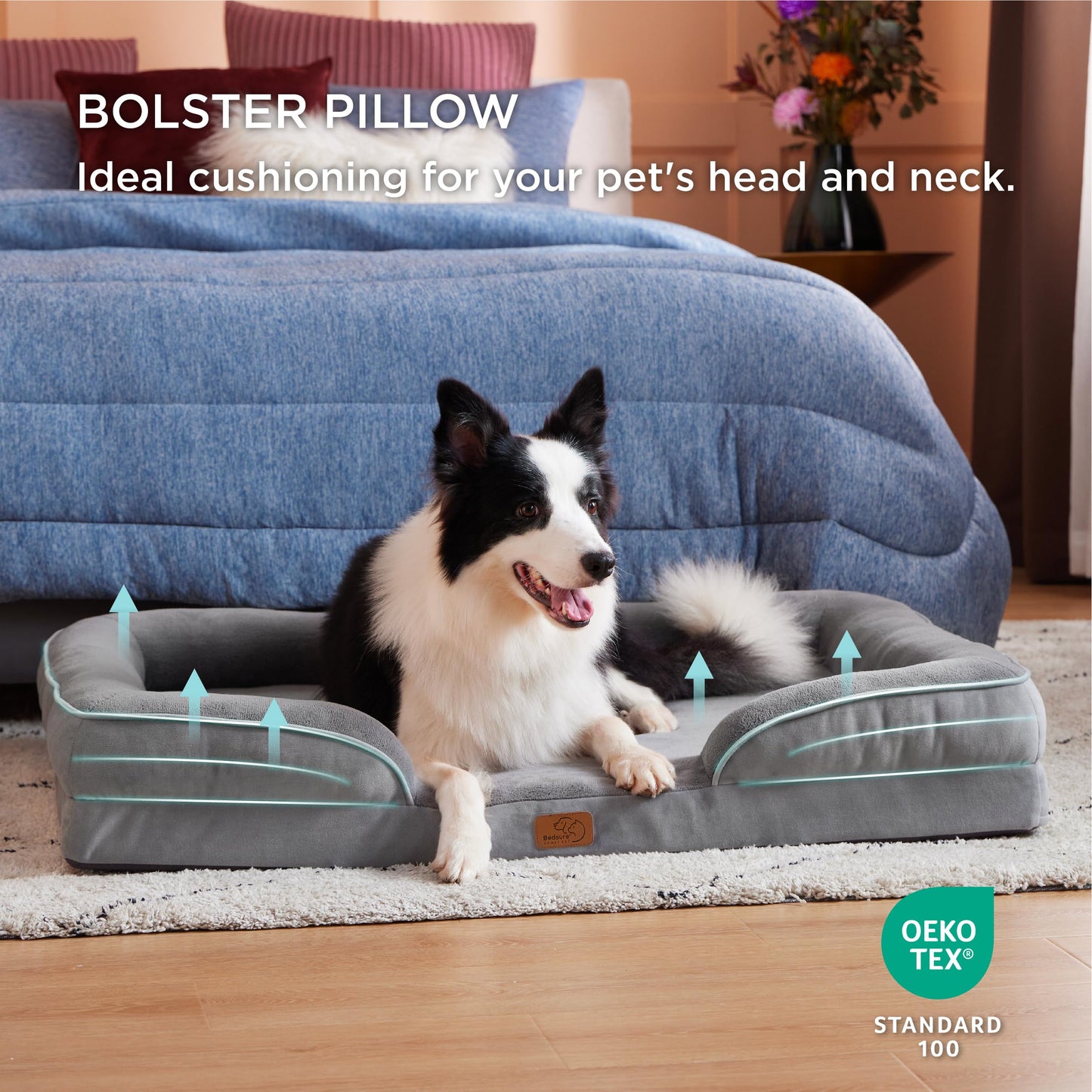 Bedsure Large Dog Bed Sofa - Washable Orthopedic Dog Beds and Couch with Removable Flannel Cover, Waterproof Dog Pillow with U-Shape Bolster, Grey Squre Pet Bed, 89x63x16cm