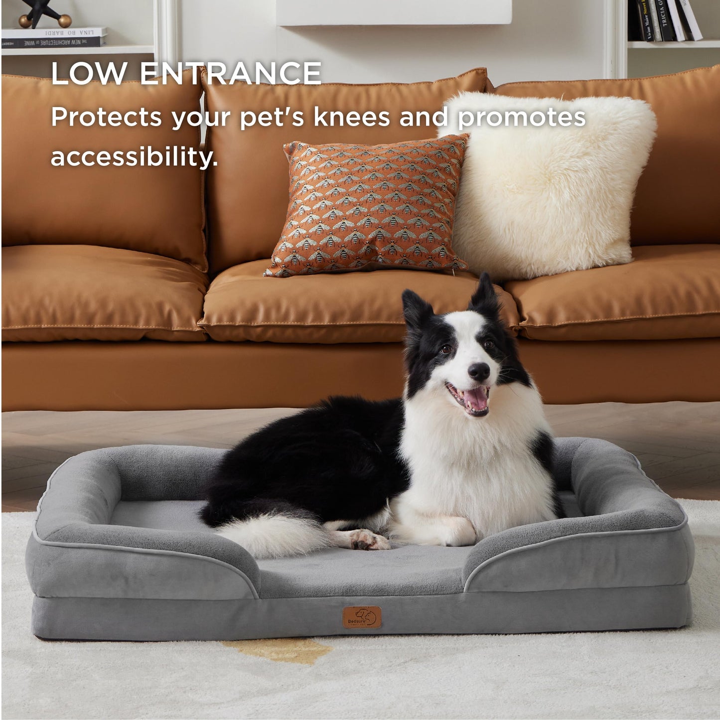 Bedsure Large Dog Bed Sofa - Washable Orthopedic Dog Beds and Couch with Removable Flannel Cover, Waterproof Dog Pillow with U-Shape Bolster, Grey Squre Pet Bed, 89x63x16cm