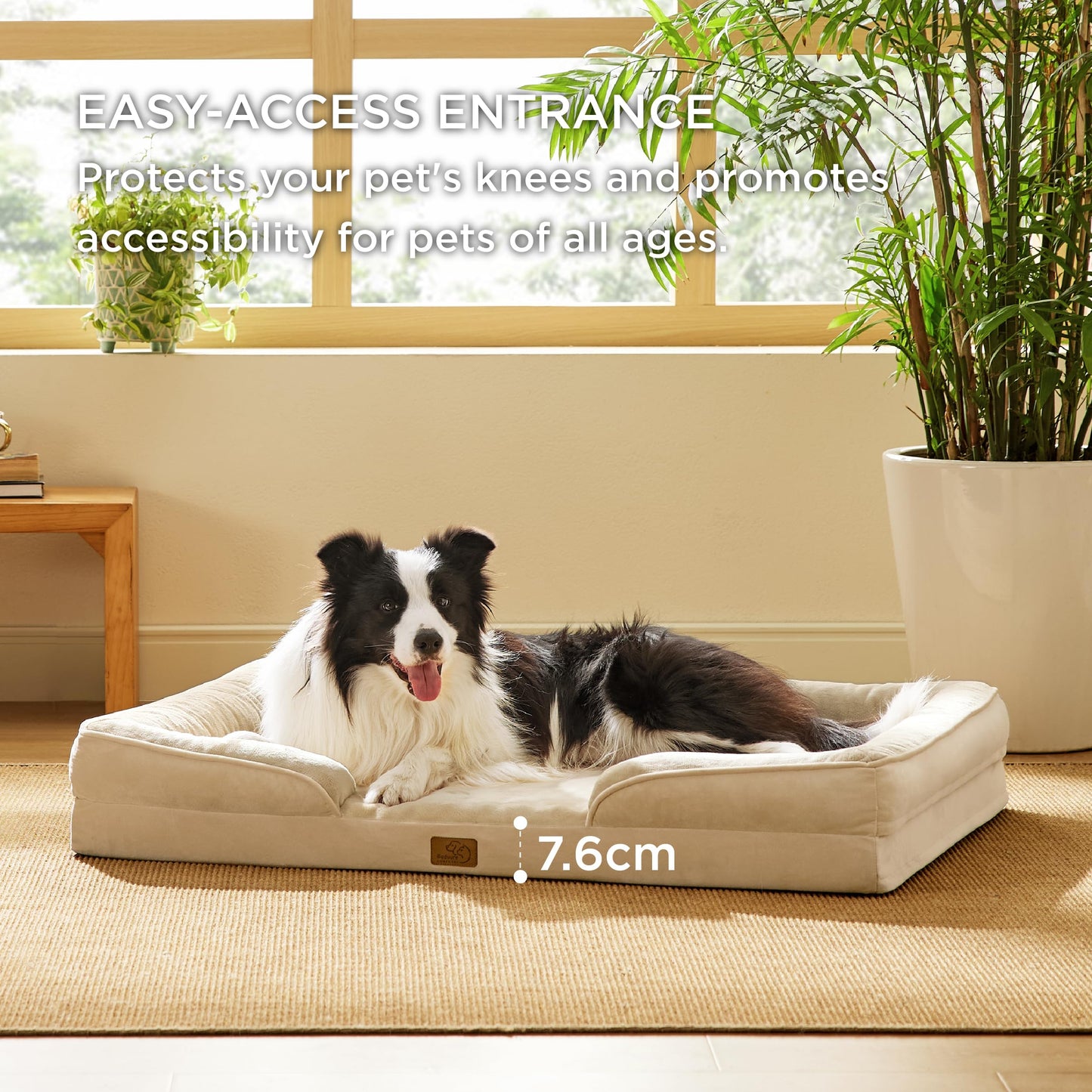 Bedsure Large Dog Bed Sofa - Washable Orthopedic Dog Beds and Couch with Removable Flannel Cover, Waterproof Dog Pillow with U-Shape Bolster, Grey Squre Pet Bed, 89x63x16cm
