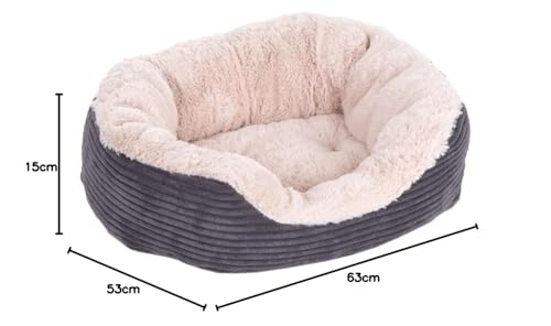 Rosewood Jumbo Cord Plush Dog Bed – Medium, 62x60cm – Washable Oval Pet Bed Cushion for Dogs and Cats – Warm and Comfortable – Non-Slip Base, Soft Plush Material – Grey/Cream