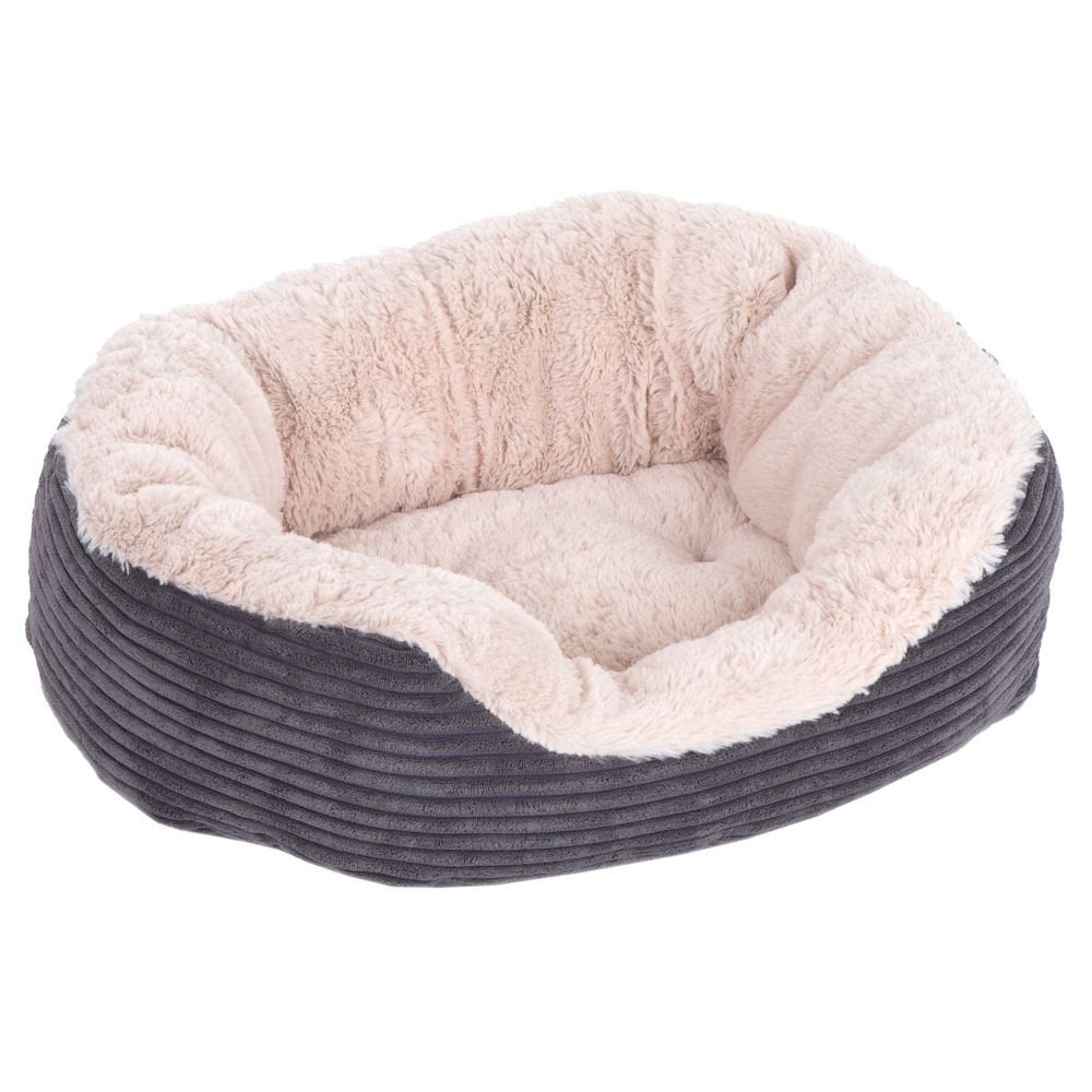 Rosewood Jumbo Cord Plush Dog Bed – Medium, 62x60cm – Washable Oval Pet Bed Cushion for Dogs and Cats – Warm and Comfortable – Non-Slip Base, Soft Plush Material – Grey/Cream