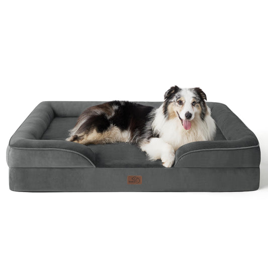 Bedsure Large Dog Bed Sofa - Washable Orthopedic Dog Beds and Couch with Removable Flannel Cover, Waterproof Dog Pillow with U-Shape Bolster, Grey Squre Pet Bed, 89x63x16cm