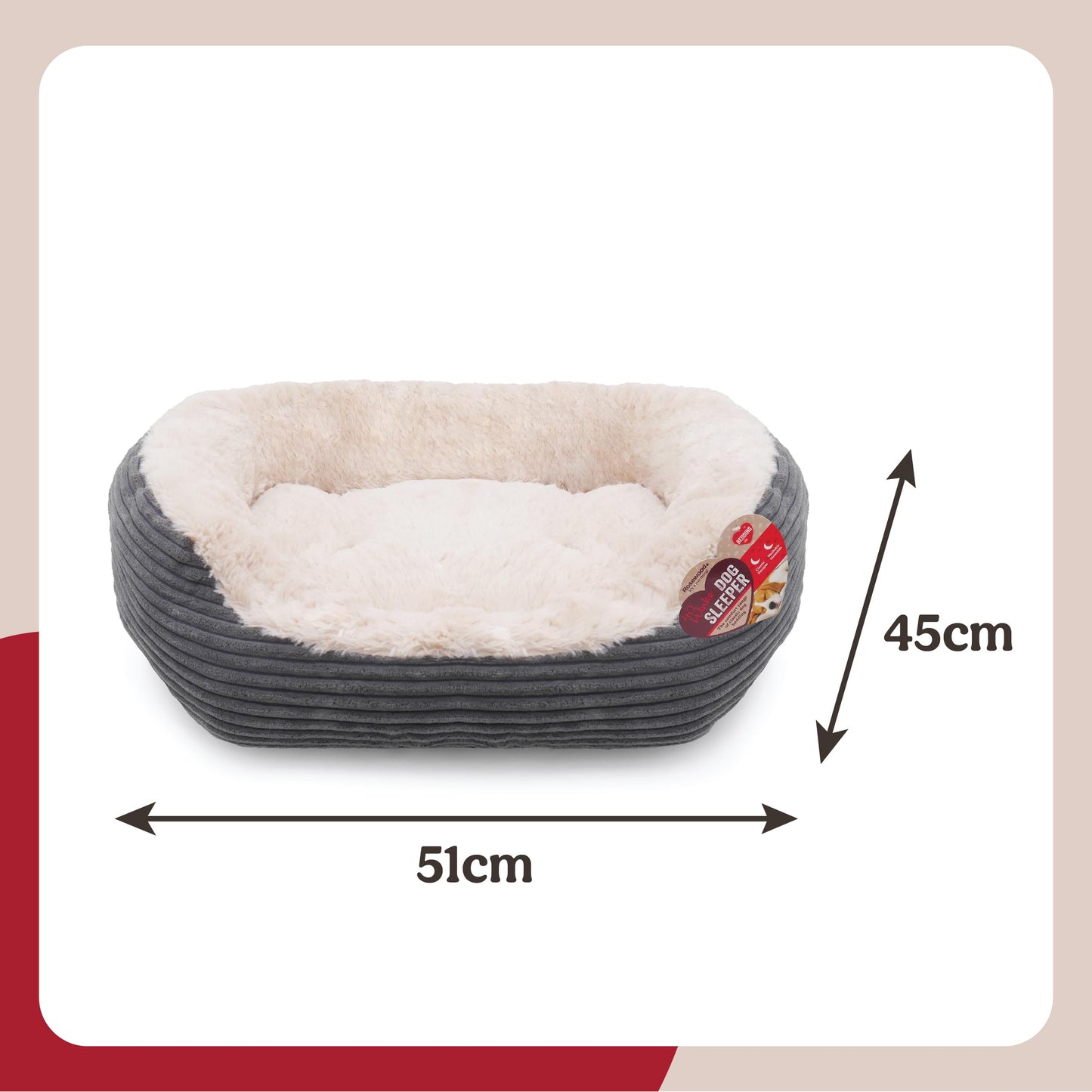 Rosewood Jumbo Cord Plush Dog Bed – Medium, 62x60cm – Washable Oval Pet Bed Cushion for Dogs and Cats – Warm and Comfortable – Non-Slip Base, Soft Plush Material – Grey/Cream