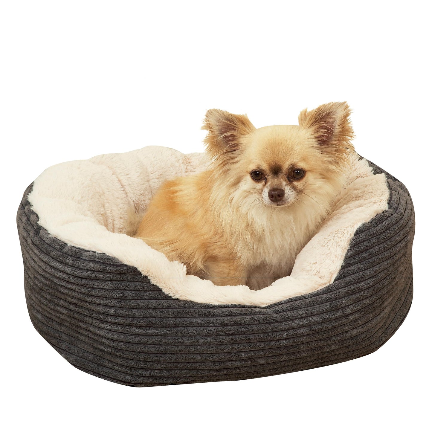 Rosewood Jumbo Cord Plush Dog Bed – Medium, 62x60cm – Washable Oval Pet Bed Cushion for Dogs and Cats – Warm and Comfortable – Non-Slip Base, Soft Plush Material – Grey/Cream