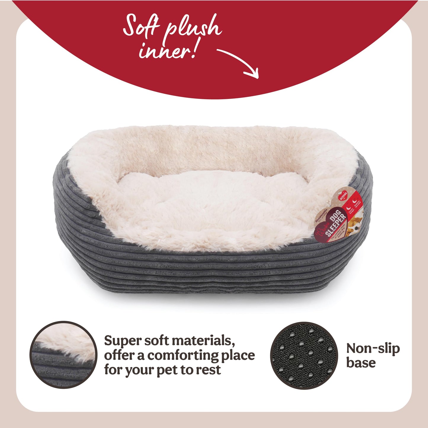 Rosewood Jumbo Cord Plush Dog Bed – Medium, 62x60cm – Washable Oval Pet Bed Cushion for Dogs and Cats – Warm and Comfortable – Non-Slip Base, Soft Plush Material – Grey/Cream