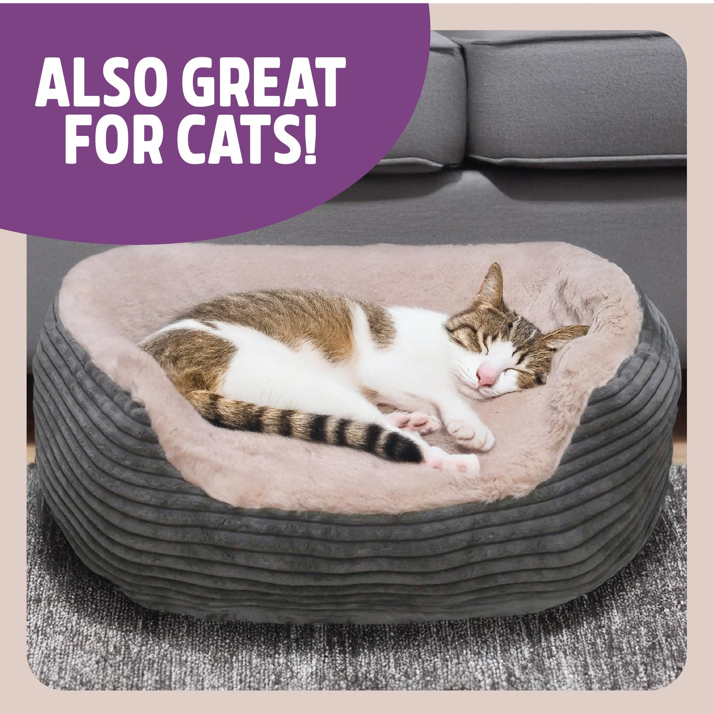 Rosewood Jumbo Cord Plush Dog Bed – Medium, 62x60cm – Washable Oval Pet Bed Cushion for Dogs and Cats – Warm and Comfortable – Non-Slip Base, Soft Plush Material – Grey/Cream