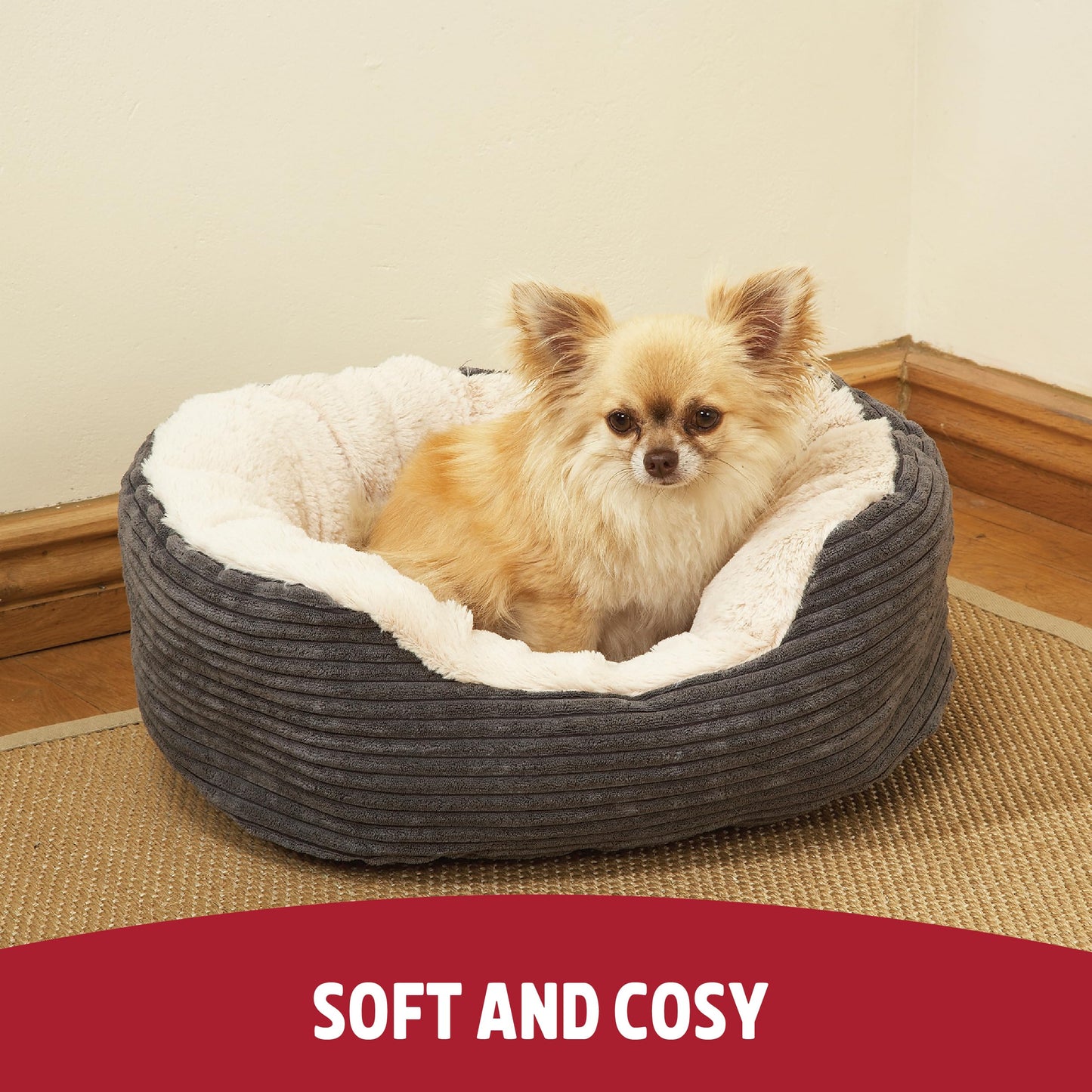 Rosewood Jumbo Cord Plush Dog Bed – Medium, 62x60cm – Washable Oval Pet Bed Cushion for Dogs and Cats – Warm and Comfortable – Non-Slip Base, Soft Plush Material – Grey/Cream